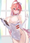  1girl azur_lane breasts cleavage clipboard elbow_gloves franklin_(azur_lane) franklin_(heart-throbbing_records)_(azur_lane) garter_straps gloves hair_between_eyes hat highres long_hair looking_at_viewer mole mole_under_mouth multicolored_hair nurse nurse_cap official_alternate_costume pink_hair ponytail smile solo streaked_hair thighhighs thighs user_ekyp4755 white_garter_straps white_gloves white_thighhighs 