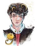  1boy afro black_hair black_shirt blonde_hair brown_eyes high_collar jojo_no_kimyou_na_bouken jojolion looking_at_viewer male_focus multicolored_hair painting_(medium) parted_lips shirt si3art solo_focus spiral sun_print tooru_(jojolion) traditional_media upper_body watercolor_(medium) white_background 