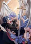  2boys :d ahoge angel angel_wings arm_up artist_name back_cutout bite_mark bite_mark_on_neck black_cape black_nails black_shirt black_shoes black_shorts blood blue_eyes blue_hair cape chongyun_(genshin_impact) closed_mouth clothing_cutout clothing_request collarbone collared_cape commentary earrings english_commentary eye_contact falling_feathers fangs feathered_wings feathers fingernails frilled_sleeves frills genshin_impact hands_on_another&#039;s_cheeks hands_on_another&#039;s_face hands_up highres holding holding_sword holding_weapon jewelry lace-trimmed_shirt lace_trim long_sleeves looking_at_another male_focus mikanchii multiple_boys nail_polish open_mouth parted_bangs pectorals pointy_ears puffy_sleeves red_cape shirt shoes short_hair short_shorts shorts smile socks sword tassel tassel_earrings teeth twitter_username two-sided_cape two-sided_fabric upper_teeth_only vampire weapon white_socks white_wings wings xingqiu_(genshin_impact) yaoi yellow_eyes 