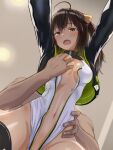  1boy 1girl ahoge alice_gear_aegis all_fours black_hair black_jacket black_thighhighs breasts brown_eyes circle_cutout cleavage_cutout clothing_cutout commission companion/af covered_collarbone frame_arms_girl from_below front_zipper full-length_zipper gennai_ao grabbing_another&#039;s_breast groping highleg highleg_leotard highres implied_sex jacket leotard long_hair medium_breasts motsunukisuki multicolored_leotard navel nipples one_side_up out-of-frame_censoring race_queen skeb_commission sleeveless_turtleneck_leotard thighhighs turtleneck turtleneck_leotard two-tone_leotard unzipped white_leotard zipper zipper_leotard zipper_pull_tab 