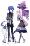  1boy 1girl 25-ji_kaito 25-ji_luka absol animal_nose arms_behind_back bare_shoulders black_dress black_pants blue_eyes blue_hair blue_nails breasts bright_pupils claws closed_mouth collared_shirt colored_sclera commentary_request dress facing_viewer floating frilled_dress frilled_shirt frills from_side full_body ghost gradient_clothes gradient_shirt grey_hairband grey_pantyhose grey_shirt hair_between_eyes hairband harness highres horns kaito_(vocaloid) leaning_forward long_hair long_sidelocks long_sleeves looking_at_another medium_breasts megurine_luka mismagius mone_sekai nail_polish neck_fur neck_ribbon no_shoes off-shoulder_dress off_shoulder pants pantyhose pink_hair pokemon pokemon_(creature) project_sekai purple_eyes red_eyes red_ribbon ribbon shirt short_hair sidelocks simple_background single_horn smile standing straight_hair tail torn_clothes torn_dress torn_shirt twitter_username very_long_hair vocaloid white_background white_fur white_pupils yellow_sclera 