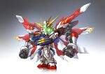  absurdres chibi extra_arms g_gundam glowing glowing_eyes god_gundam_ii gradient_background green_eyes grey_background gundam highres looking_at_viewer mecha mobile_suit no_humans redesign robot science_fiction sd_gundam solo standing v-fin white_background zakuma 