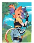 2025 anthro arm_tattoo bedroom_eyes belt black_eyes bodily_fluids bottomwear bulletproof_vest butt_outline calico_cat cate_meowdy clothing cloud container day denim denim_bottomwear denim_clothing domestic_cat dot_eyes elbow_pads epic_games fangs felid feline felis female fingerless_gloves flat_chested fortnite fur gloves grass_field gun hair handgun handwear head_tuft holding_gun holding_object holding_ranged_weapon holding_weapon jeans kashink7 lipstick makeup mammal milk_carton milk_container multicolored_body multicolored_fur narrowed_eyes noseless open_mouth open_smile orange_body orange_clothing orange_fur orange_shirt orange_t-shirt orange_topwear outside pants pistol plant ponytail portrait purple_body purple_fur ranged_weapon seductive shirt simple_eyes smile solo sweat t-shirt tan_body tan_fur tattoo teeth thigh_pouch thigh_strap three-quarter_portrait topwear torn_bottomwear torn_clothing torn_jeans torn_pants tree tuft weapon