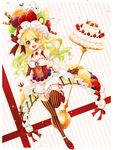  :d absurdres blonde_hair blueberry bow breasts brown_legwear cake cherry cleavage collarbone corset detached_sleeves diagonal_stripes earrings facial_mark food food_themed_clothes fruit garter_straps gloves grapes green_eyes green_hair highres hoshi_no_pon jewelry kiwifruit leg_up long_hair multicolored_hair open_mouth orange orange_slice original pocketland red_bow red_footwear ribbon-trimmed_clothes ribbon-trimmed_sleeves ribbon_trim shoes short_sleeves shorts small_breasts smile solo star star_earrings strawberry striped striped_bow striped_gloves striped_legwear thighhighs two-tone_hair vertical-striped_legwear vertical_stripes wavy_hair whipped_cream white_shorts 