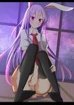  animal_ears ass black_legwear blush bunny_ears dutch_angle full_body lavender_hair letterboxed long_hair miniskirt necktie on_floor panties pantyshot puffy_sleeves red_eyes reisen_udongein_inaba shirt short_sleeves sitting skirt smile solo thighhighs touhou underwear white_panties window xialuluo_(sharuro) 