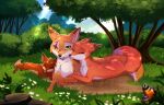 abby_(rukifox) canid canine cuddling eye_scar facial_scar family feral fox fur grass mammal orange_body orange_fur outside plant rick_(rukifox) rukifox scar tree zuri_(rukifox)