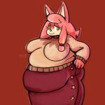 2025 accessory akita amber_eyes anthro belly big_belly big_breasts big_butt black_nose bottomwear breasts butt canid canine canis clothing conductor&#039;s_wife_(sonic) digital_media_(artwork) domestic_dog eyelashes female hair hair_accessory hair_tie huge_belly huge_breasts lidded_eyes long_skirt mammal obese obese_anthro obese_female overweight overweight_anthro overweight_female pink_body pink_hair portrait red_background sega simple_background skirt solo sonic_the_hedgehog_(series) spitz standing sweater the_murder_of_sonic_the_hedgehog three-quarter_portrait topwear username728 watermark