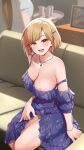  2girls aiba_yumi areola_slip blush breasts brown_hair clothing_aside collarbone commentary_request cup dress dress_aside female_pubic_hair highres holding holding_tray idolmaster idolmaster_cinderella_girls indoors jewelry large_breasts looking_at_viewer mk_(mod0) multiple_girls necklace nitta_minami no_panties off-shoulder_dress off_shoulder pubic_hair purple_dress short_hair sitting smile solo_focus tray 