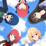  5girls absurdres antenna_hair apron arcueid_brunestud blonde_hair blue_bow blue_eyes blue_hair blue_sky blush bow ciel_(tsukihime) cloud cloudy_sky derivative_work glasses hair_bow highres hisui_(tsukihime) jewelry kohaku_(tsukihime) long_hair long_sleeves looking_at_viewer maid maid_apron maid_headdress multiple_girls open_mouth red_eyes red_hair ribbon scene_reference school_uniform short_hair siblings sisters sky smile sweater tohno_akiha tsukihime tsukihime_(remake) turtleneck twins video_game_cover_redraw white_apron white_sweater zeon132 