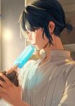  2boys artist_name black_gloves blue_hair blush chongyun_(genshin_impact) collared_shirt commentary earrings english_commentary fingerless_gloves food genshin_impact gloves hand_up highres holding holding_food holding_popsicle indoors jewelry light_particles male_focus mikanchii multiple_boys open_mouth parted_bangs ponytail popsicle shirt short_hair short_ponytail sidelocks single_earring solo_focus sweat tassel tassel_earrings twitter_username upper_body white_shirt xingqiu_(genshin_impact) yellow_eyes 