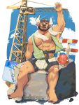 2023 abs anthro armor barazoku barefoot beard biceps bodily_fluids bottomwear bovid bovine brown_hair calf_muscles cattle climbing_harness clothed clothing construction construction_site construction_worker crane_(machine) deltoids ear_piercing eyes_closed facial_hair feet forearm_muscles front_view gesture hair hard_hat headgear helmet hi_res horn horn_jewelry horn_ring jewelry male mammal manly muscular muscular_arms muscular_legs nipples nullshark1 open_clothing open_topwear open_vest pecs piercing ring_(jewelry) safety_vest shorts sitting solo sweat sweatdrop thigh_muscles topwear towel towel_around_neck triceps vest waving waving_at_viewer