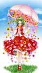  ascot blush bobby_socks flower full_body green_hair highres juliet_sleeves kazami_yuuka long_sleeves mary_janes parasol plaid plaid_skirt plaid_vest puffy_sleeves red_eyes red_footwear shoes short_hair skirt skirt_set smile socks solo sunflower touhou umbrella vest white_legwear ytoy 