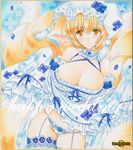  animal_ears artist_name blonde_hair blue_dress blue_flower blue_legwear blue_panties blue_rose blue_wedding_dress blush breasts cleavage dress dress_lift flower fox_ears fox_tail frilled_dress frills garter_straps hat head_tilt large_breasts looking_at_viewer multiple_tails panties petals rose short_hair smile solo tail tamagoboro thighhighs touhou traditional_media underwear wedding_dress yakumo_ran yellow_eyes 