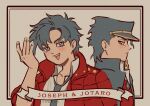  118ween 2boys arm_up baseball_cap battle_tendency character_name commentary english_commentary english_text from_side gakuran grey_eyes grey_hair grey_necktie hat jacket jojo_no_kimyou_na_bouken joseph_joestar joseph_joestar_(young) kujo_jotaro looking_at_viewer multiple_boys necktie official_alternate_costume open_mouth popped_collar red_jacket school_uniform shirt stardust_crusaders teeth upper_body white_shirt wing_collar 