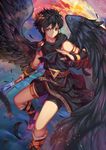  angel_wings armlet aurora_rokudo black_hair bracer brown_eyes dark_pit highres holding holding_weapon kid_icarus kid_icarus_uprising laurel_crown looking_at_viewer male_focus sandals solo toga weapon wings 