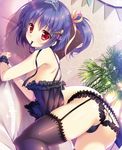  absurdres black_legwear black_panties black_ribbon blue_hair cameltoe garter_belt hair_ribbon highres lingerie looking_at_viewer melonbooks mikeou mouth_hold negligee panties red_eyes ribbon ribbon_in_mouth short_hair solo thighhighs underwear underwear_only yellow_ribbon 