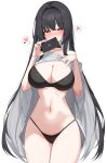  1girl absurdres bare_shoulders bikini black_bikini black_choker black_hair blush breasts bright_pupils choker cleavage clothes_lift colored_inner_hair commission covering_own_mouth cowboy_shot embarrassed hands_up heart highres holding holding_phone large_breasts long_hair looking_at_viewer multicolored_hair navel nose_blush off_shoulder original phone red_eyes rie_(mirae_yang) shirt shirt_lift solo spoken_heart stomach string_bikini sweat swimsuit thighs two-tone_hair very_long_hair w.k white_hair white_shirt wide_sleeves 