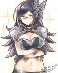  artist_name black_eyes black_gloves black_hair blush breasts butterfly_hair_ornament cleavage closed_mouth crossed_arms dated embarrassed glasses gloves granblue_fantasy groin hair_ornament highres large_breasts long_hair looking_away midriff navel okitakung plaid priest_producer_(granblue_fantasy) puffy_short_sleeves puffy_sleeves semi-rimless_eyewear short_sleeves simple_background solo sparkle under-rim_eyewear 