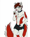  2016 anthro blue_eyes blue_fur boxers_(clothing) brown_hair buldge bulge canine clothed clothing collar eyewear fur glasses hair lolliepop looking_at_viewer male mammal maxus_(character) muscular open_mouth pecs red_fur simple_background smile solo standing underwear white_fur wolf 