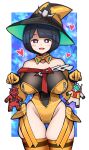  1girl absurdres bare_shoulders black_hair black_hat blue_eyes blunt_bangs blush_stickers bob_cut border breasts bright_pupils commentary cowboy_shot detached_collar ditienan_ddn doll elbow_gloves gelgoog_(gquuuuuux) gloves gundam gundam_gquuuuuux hat heart highleg highleg_leotard highres large_breasts legs_together leotard looking_at_viewer mature_female open_mouth outside_border red_gundam shiiko_sugai short_hair skindentation smile solo standing thigh_gap thighhighs two-tone_hat white_border white_pupils witch_hat yellow_gloves yellow_hat yellow_leotard yellow_thighhighs zipper zipper_pull_tab 