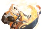 2025 anthro artist asian_clothing bear black_body black_fur bodily_fluids chinese_clothing clothing cooking east_asian_clothing eyewear food fried_rice fur giant_panda glasses hi_res kitchen_utensils ladle male mammal mihoyo overweight overweight_male pan_yin_hu rice ring shirt simple_background solo sweat thiren tools topwear vixthestupid white_background white_body white_fur wok yellow_clothing yellow_shirt yellow_topwear zenless_zone_zero