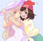  artist_request blonde_hair blush breasts character_request female hat lillie_(pokemon) multiple_girls nintendo pokemon pokemon_sm smile yuri 