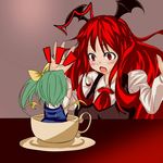  2girls :o arms_up back blue_dress blush bow collared_shirt commentary_request cup daiyousei dress fairy_wings green_hair hair_bow hikage_(around_pass) in_container in_cup irony koakuma looking_at_another lowres minigirl multiple_girls necktie red_eyes red_hair red_neckwear saucer shirt short_hair side_ponytail sidelocks simple_background surprised table teacup touhou upper_body vest white_shirt wings 