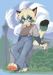 anthro arm_warmers armwear belt black_body black_fur blue_eyes bottomwear brown_clothing brown_shirt brown_topwear claws clothed clothing denim denim_bottomwear denim_clothing detailed_background digital_media_(artwork) domestic_cat eyelashes fangs feet felid feline felis footwear fountain fur grass green_body green_fur hair hi_res jeans legwear lightpole male mammal mouth_closed orange_pawpads pants pawpads paws plant ravistdash shirt short_hair shrub small_nose smile socks solo stirrup_socks street_lamp tail teeth tied_shirt toes topwear yellow_body yellow_fur