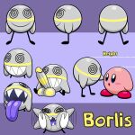 1:1 absurd_res anthro big_penis big_tongue borlis_orbi character_name chart confusion genitals grey_body height_chart hi_res humanoid_genitalia humanoid_penis kirby kirby_(series) male model_sheet nintendo penis pinching_cheeks purple_tongue sharp_teeth simple_background size_difference smile solo supermoonshroom teeth text tongue tongue_out unknown_species wide_tongue