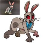 2025 5_fingers all_fours anthro arched_back ass_up blue_bow bodily_fluids bow_tie breasts bubble_butt buckteeth butt digital_media_(artwork) eyelashes feet female fingers five_nights_at_freddy&#039;s five_nights_at_freddy&#039;s:_security_breach grey_body hi_res hindpaw lagomorph leporid looking_back mammal multicolored_body nanocorpx patchwork_creature paws rabbit rabbit_ears red_eyes reference_image scottgames scut_tail seam_(sewing) short_tail simple_background solo steel_wool_studios stitch_(sewing) sweat sweatdrop tail teeth two_tone_body vanny_(fnaf) whiskers white_background white_body
