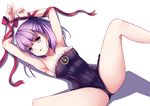  armpits bangs bare_legs bare_shoulders bdsm blunt_bangs bondage bound bound_wrists breasts collarbone euforia eyebrows eyebrows_visible_through_hair fate/grand_order fate_(series) helena_blavatsky_(fate/grand_order) legs_up leotard lying on_back open_mouth purple_eyes purple_hair red_ribbon ribbon short_hair simple_background small_breasts solo spread_legs strapless strapless_leotard tree_of_life white_background 