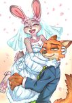  canine carrying clothing disney dress female flower footwear fox high_heels hoihoi judy_hopps lagomorph male mammal necktie nick_wilde plant pregnant rabbit ring suit wedding zootopia 