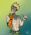  blonde_hair body_hair clothed clothing fire gradient_background grin hair happy_trail human junkrat_(overwatch) male mammal match mechanical_arm muscular navel not_furry overwatch simple_background smoking solo tattoo teeth topless unknown_artist video_games 
