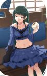  1girl absurdres alternate_costume black_cat blue_eyes blue_skirt breasts cat closed_mouth collarbone commentary commission crop_top earrings feet_out_of_frame food frilled_shirt frills green_hair highres holding holding_food jewelry kusuriya_no_hitorigoto long_hair maomao_(kusuriya_no_hitorigoto) midriff navel off-shoulder_shirt off_shoulder shirt sitting skirt small_breasts solo steamed_bun tetsuffy_(tetsulul) 