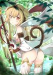  absurdres andira_(granblue_fantasy) animal_ears ass bare_shoulders blonde_hair breasts detached_sleeves erune from_behind granblue_fantasy hair_between_eyes hair_ornament highres looking_at_viewer monkey_ears monkey_tail open_mouth outdoors red_eyes shibakame short_hair sideboob small_breasts solo staff tail thighhighs thighs white_legwear wide_sleeves 