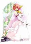  bare_shoulders blue_eyes commentary_request dress elbow_gloves fate/apocrypha fate_(series) flower forest frankenstein's_monster_(fate) full_body gloves hair_over_eyes heterochromia horn looking_at_viewer nature parted_lips pink_hair short_hair skirt_hold solo veil white_dress white_gloves yellow_eyes yude 