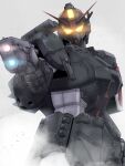 aiming commentary glowing glowing_eyes gm_spartan_rg gun gundam gundam_battle_operation_code_fairy handgun highres holding holding_gun holding_weapon mecha mecha_focus mobile_suit no_humans outstretched_arm robot science_fiction simple_background siratori_(yy_203) smoke solo upper_body v-fin weapon white_background yellow_eyes 