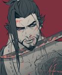  asymmetrical_clothes bad_id bad_twitter_id bare_shoulders beard blood blood_on_face bloody_clothes brown_hair collarbone dragon_print dragon_tattoo facial_hair furrowed_eyebrows goatee grey_eyes hadanugi_dousa hair_tie hanzo_(overwatch) japanese_clothes katana kimono kkangcheol looking_to_the_side male_focus manly muscle mustache overwatch ponytail red_background scar serious simple_background solo sword tattoo upper_body weapon 