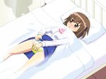  bed bedwetting blush brown_eyes brown_hair diaper peeing peeing_self pillow skirt solo 