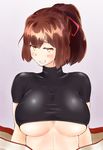  blush breasts brown_eyes brown_hair commentary_request crop_top grin hair_ribbon ise_(kantai_collection) kantai_collection large_breasts looking_at_viewer navel ninoude_(ninoude44) ponytail ribbon short_hair smile smug solo underboob undershirt 