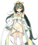  bare_shoulders dress earrings green_eyes hair_ornament hikage_eiji jewelry koihime_musou long_hair looking_at_viewer mole mole_under_mouth original ribbon simple_background smile solo thighhighs white_background white_legwear wide_sleeves yellow_eyes zettai_ryouiki 