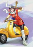  1girl bass_guitar boots breasts brown_gloves electric_bass_guitar flcl full_body gloves goggles goggles_on_head goggles_on_headwear haruhara_haruko helmet highres holding holding_goggles instrument medium_breasts motor_vehicle pink_hair red_shirt roporopo scarf scooter shirt short_hair simple_background smile solo vespa white_boots white_scarf white_sleeves yellow_eyes 