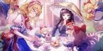  2girls 6+girls ajirogasa alice_margatroid basket black_hair blonde_hair blue_dress blue_eyes blush book braid brown_hat cake cake_slice capelet chair closed_mouth cup doll dress food food_request frilled_hat frilled_sash frills fruit game_cg grey_dress grimoire grimoire_of_alice hairband hat highres holding holding_basket holding_teapot lolita_hairband long_hair long_sleeves multiple_girls official_art on_chair open_mouth own_hands_together palms_together pipi_(pipinavigation) pouring red_capelet red_eyes red_hairband red_sash sash shanghai_doll sitting smile strawberry strawberry_shortcake table tea teacup teapot third-party_source tiered_tray touhou touhou_lostword twin_braids white_capelet yatadera_narumi 