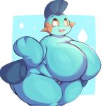 anthro big_breasts blue_body breasts female generation_3_pokemon hi_res lightmizano marshtomp nintendo orange_eyes pokemon pokemon_(species) pupils simple_background solo thick_thighs white_pupils