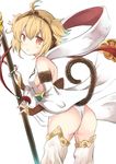  absurdres andira_(granblue_fantasy) animal_ears ass bare_shoulders blonde_hair breasts detached_sleeves erune from_behind granblue_fantasy hair_between_eyes hair_ornament highres looking_at_viewer monkey_ears monkey_tail open_mouth red_eyes shibakame short_hair sideboob simple_background small_breasts solo staff tail thighhighs thighs white_legwear wide_sleeves 