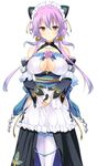  bare_shoulders breasts center_opening cleavage frilled_skirt frills hair_ornament hikage_eiji koihime_musou large_breasts looking_at_viewer maid original purple_hair red_eyes simple_background skirt smile solo white_background white_legwear wide_sleeves 