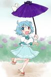  blue_hair blush_stickers commentary flower full_body geta heterochromia hydrangea juliet_sleeves karakasa_obake long_sleeves open_mouth oriental_umbrella puffy_sleeves rain solo tatara_kogasa teruterubouzu touhou umbrella yuzuna99 