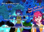  1boy 2girls artist_name black_skirt blue_eyes blush boutmon breasts camisole cleavage closed_eyes colored_skin controller dagomon digimon digimon_card_game digimon_liberator digimon_story:_cyber_sleuth english_commentary english_text green_skin group_picture holding holding_controller holding_weapon jacket livestream long_hair multiple_girls numemon pink_hair pleated_skirt purple_camisole red_eyes red_wings shirt short_hair side_ponytail skirt smile supermondobeat thighhighs weapon white_jacket white_thighhighs wings yellow_shirt yuuki_(digimon) 