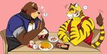  2016 anthro barbecue bear bearlovestiger13 biceps blue_eyes blush chef chest_tuft chopstick clothed clothing cooking date dumpling duo eating egg feline flavor food fork fruit fur japan japanese juuichi_mikazuki knife love male male/male mammal morenatsu muscular pecs pink_nose plate romantic_couple solo states stripes summer sushi systemic tiger tomato torahiko_(morenatsu) tuft white_fur 