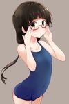  aeoso amayadori_machi bespectacled brown_background brown_hair covered_navel glasses kumamiko long_hair looking_at_viewer one-piece_swimsuit red-framed_eyewear school_swimsuit semi-rimless_eyewear solo swimsuit twintails under-rim_eyewear yellow_eyes 